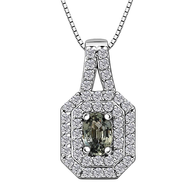 D'Joy Premium Australian Sapphire and White Zircon 1.30 ctw Velvet Eclipse Pendant Necklace in Rhodium Over Sterling Silver 20 Inches