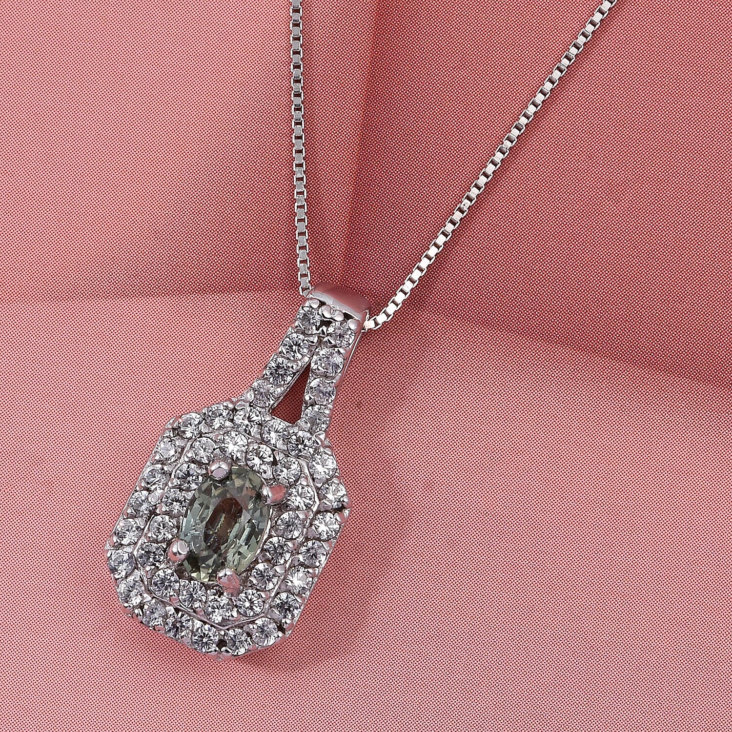 D'Joy Premium Australian Sapphire and White Zircon 1.30 ctw Velvet Eclipse Pendant Necklace in Rhodium Over Sterling Silver 20 Inches