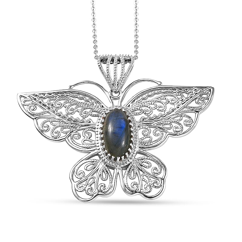 D'Joy Passport to Turkey AAA Malagasy Labradorite 2.35 ctw Butterfly Pendant Necklace in Rhodium Over Sterling Silver 20 Inches