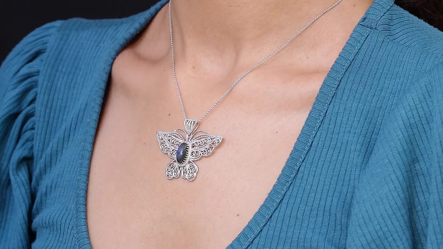 D'Joy Passport to Turkey AAA Malagasy Labradorite 2.35 ctw Butterfly Pendant Necklace in Rhodium Over Sterling Silver 20 Inches