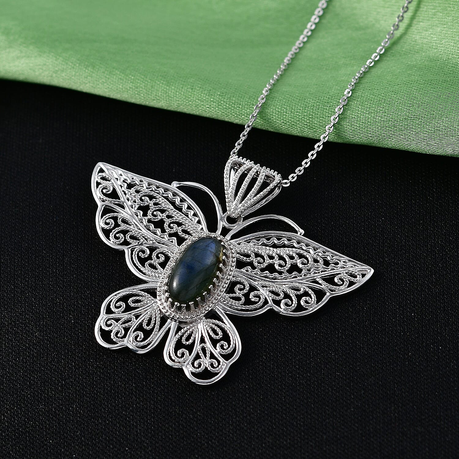 D'Joy Passport to Turkey AAA Malagasy Labradorite 2.35 ctw Butterfly Pendant Necklace in Rhodium Over Sterling Silver 20 Inches