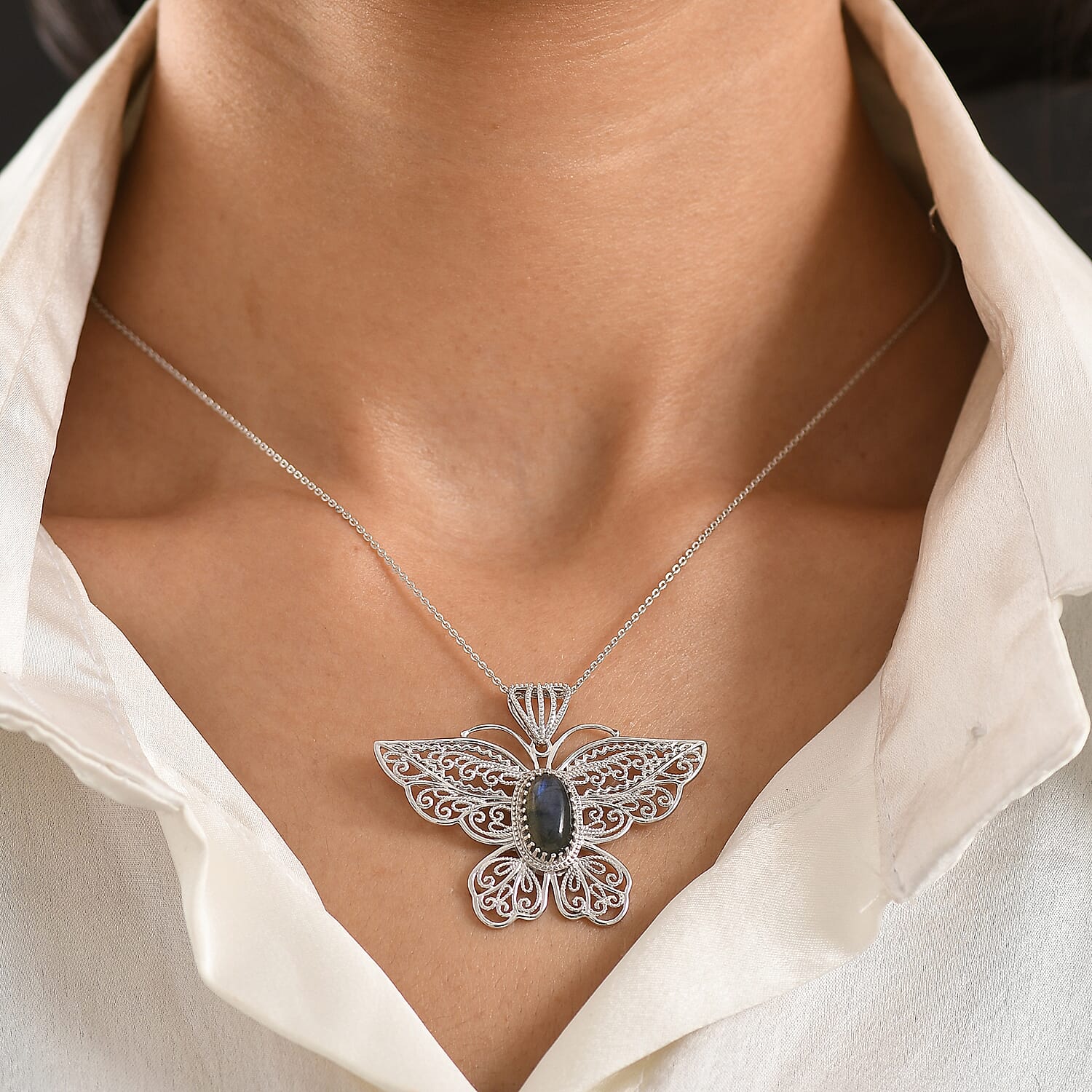 D'Joy Passport to Turkey AAA Malagasy Labradorite 2.35 ctw Butterfly Pendant Necklace in Rhodium Over Sterling Silver 20 Inches