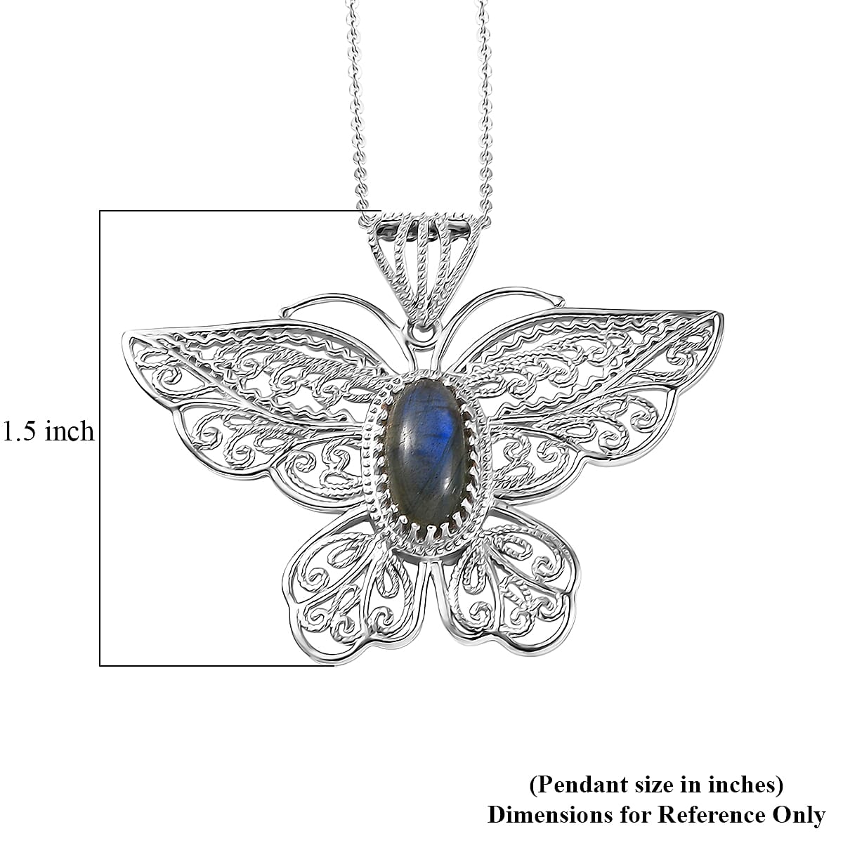 D'Joy Passport to Turkey AAA Malagasy Labradorite 2.35 ctw Butterfly Pendant Necklace in Rhodium Over Sterling Silver 20 Inches