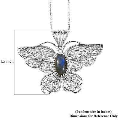 D'Joy Passport to Turkey AAA Malagasy Labradorite 2.35 ctw Butterfly Pendant Necklace in Rhodium Over Sterling Silver 20 Inches