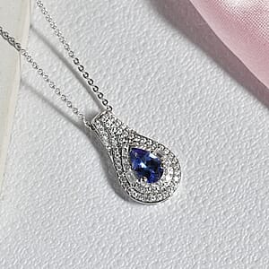 D'Joy Premium Tanzanite and Moissanite 1.40 ctw Pendant Necklace in Rhodium Over Sterling Silver 20 Inches 
