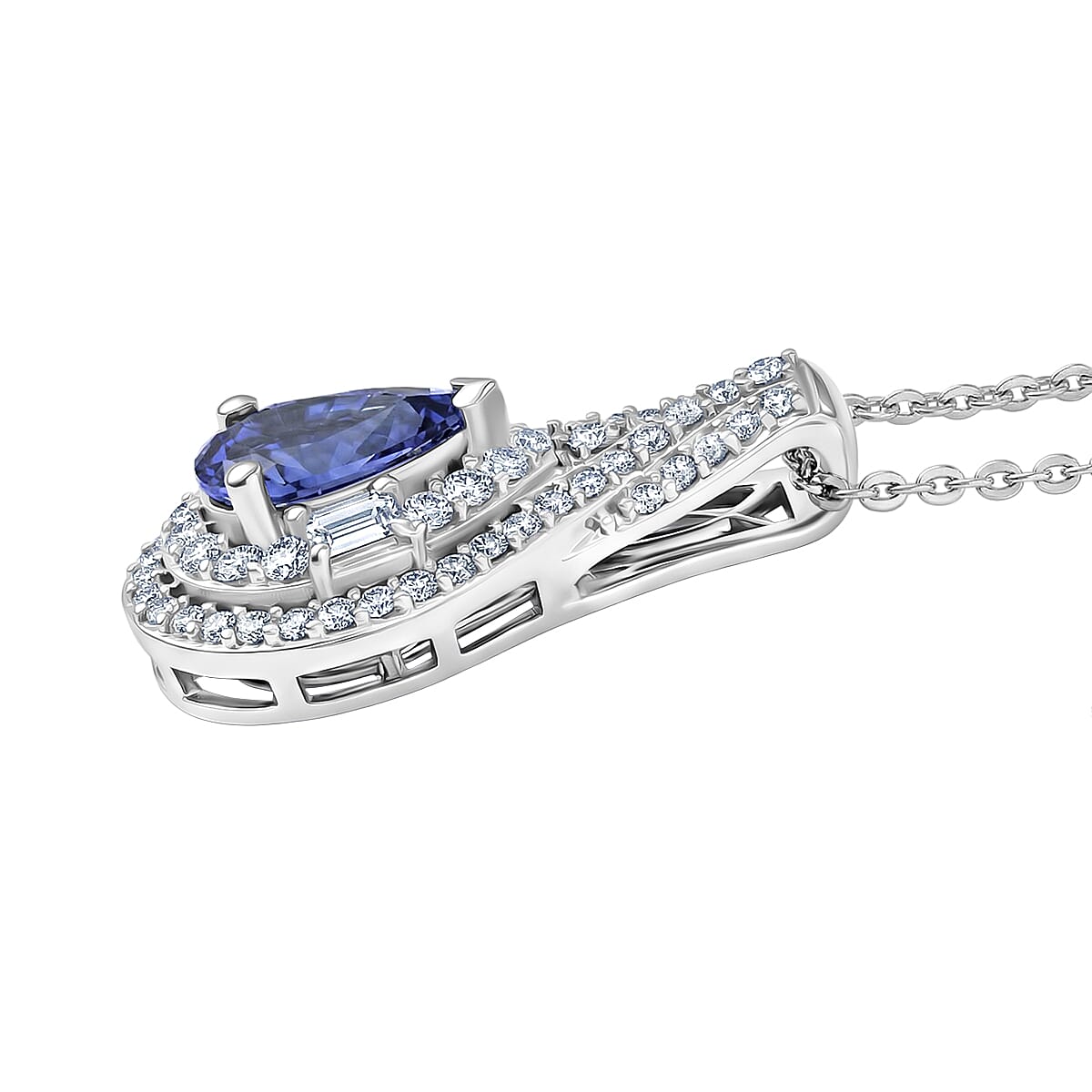 D'Joy Premium Tanzanite and Moissanite 1.40 ctw Royal Halo Cascade Pendant Necklace in Rhodium Over Sterling Silver 20 Inches