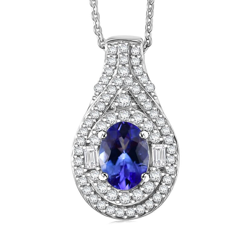 D'Joy Premium Tanzanite and Moissanite 1.40 ctw Royal Halo Cascade Pendant Necklace in Rhodium Over Sterling Silver 20 Inches