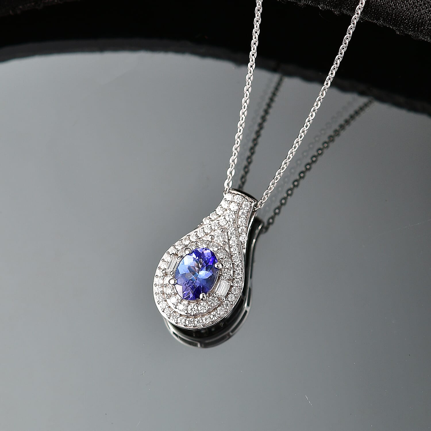 D'Joy Premium Tanzanite and Moissanite 1.40 ctw Royal Halo Cascade Pendant Necklace in Rhodium Over Sterling Silver 20 Inches