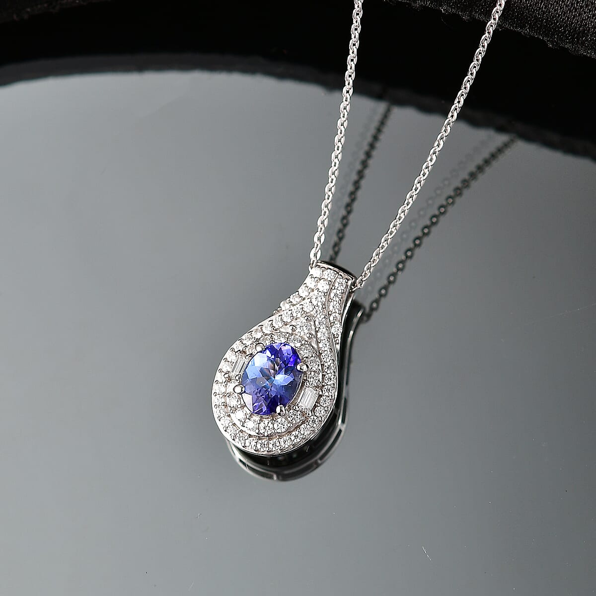 D'Joy Premium Tanzanite and Moissanite 1.40 ctw Royal Halo Cascade Pendant Necklace in Rhodium Over Sterling Silver 20 Inches  image number 1