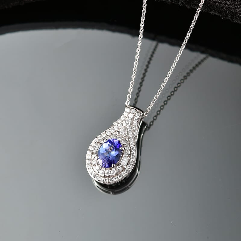D'Joy Premium Tanzanite and Moissanite 1.40 ctw Royal Halo Cascade Pendant Necklace in Rhodium Over Sterling Silver 20 Inches
