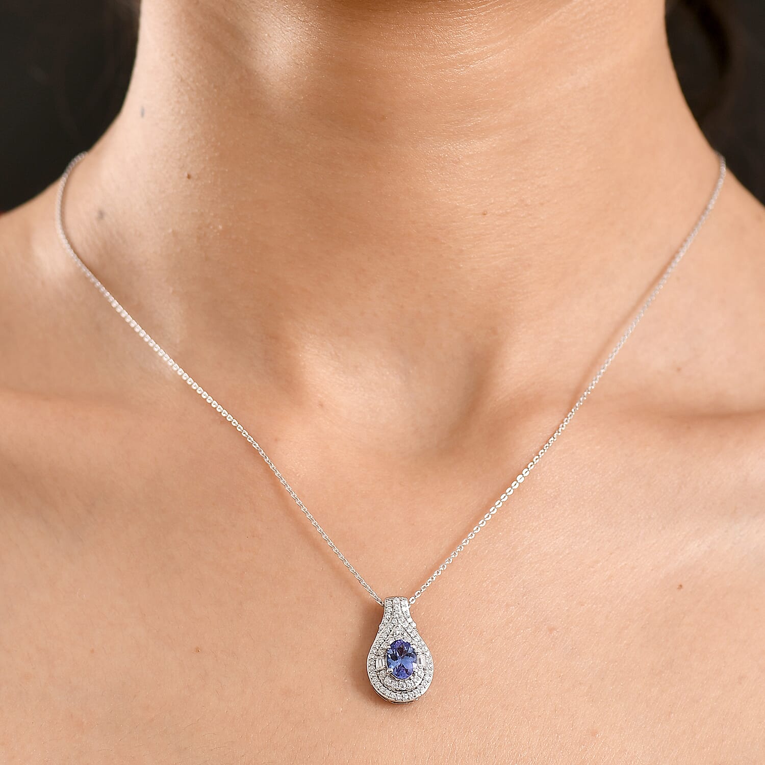 D'Joy Premium Tanzanite and Moissanite 1.40 ctw Royal Halo Cascade Pendant Necklace in Rhodium Over Sterling Silver 20 Inches