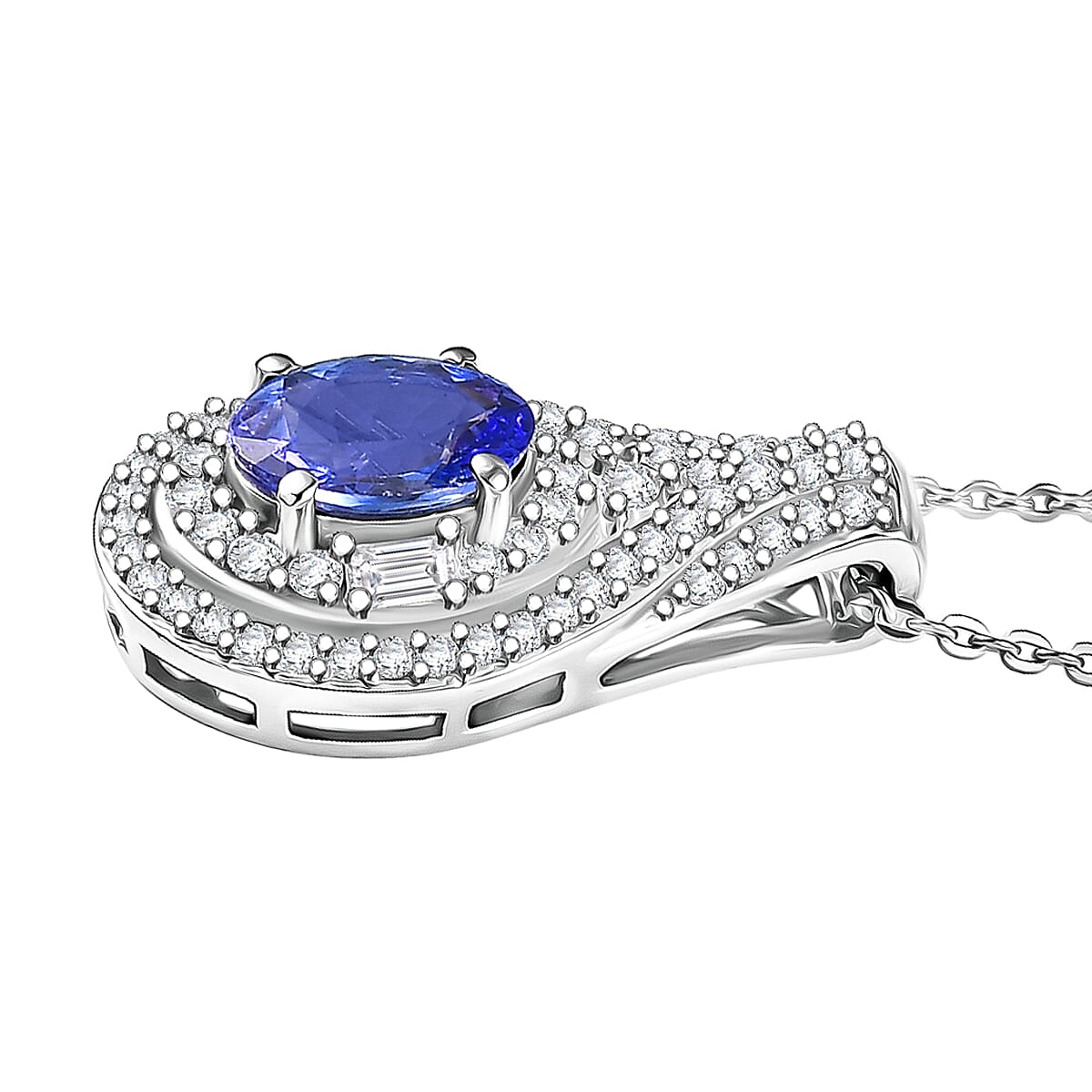 D'Joy Premium Tanzanite and Moissanite 1.40 ctw Royal Halo Cascade Pendant Necklace in Rhodium Over Sterling Silver 20 Inches