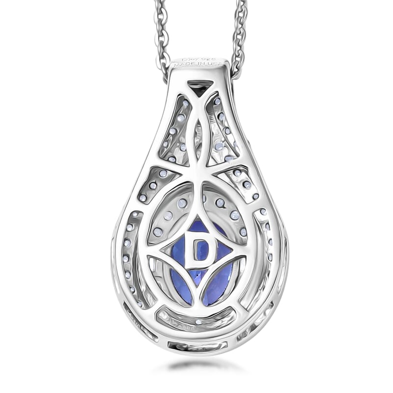 D'Joy Premium Tanzanite and Moissanite 1.40 ctw Royal Halo Cascade Pendant Necklace in Rhodium Over Sterling Silver 20 Inches