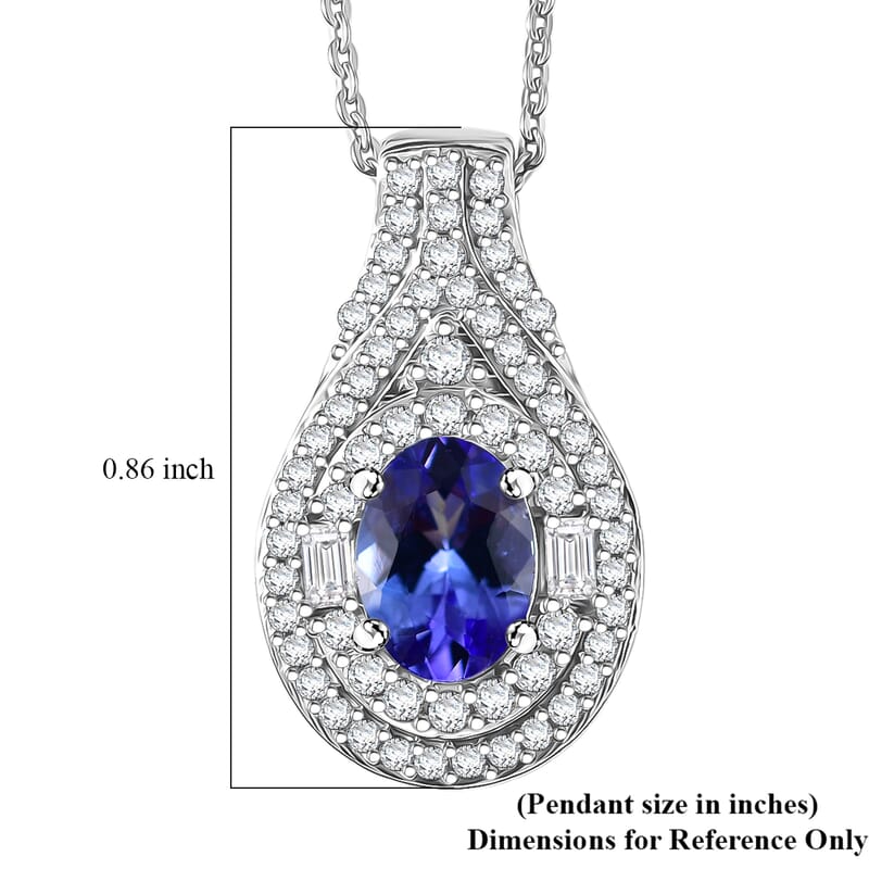 D'Joy Premium Tanzanite and Moissanite 1.40 ctw Royal Halo Cascade Pendant Necklace in Rhodium Over Sterling Silver 20 Inches