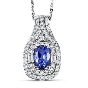 D'Joy Premium Tanzanite and Moissanite 1.35 ctw Royal Halo Cascade Pendant Necklace in Rhodium Over Sterling Silver 20 Inches 