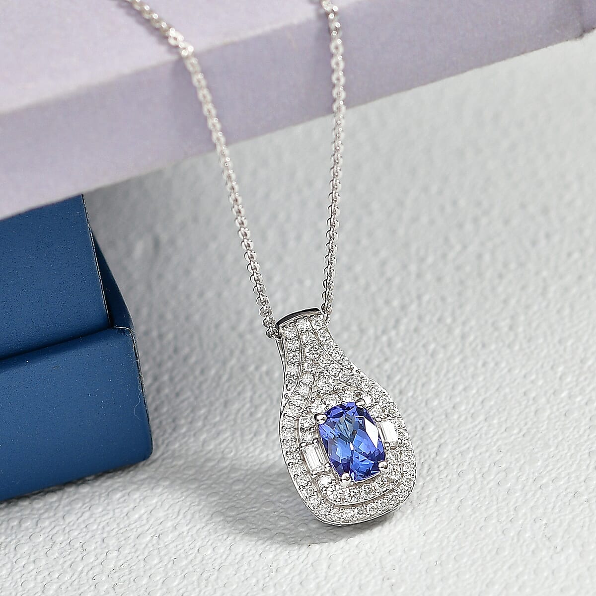 D'Joy Premium Tanzanite and Moissanite 1.35 ctw Royal Halo Cascade Pendant Necklace in Rhodium Over Sterling Silver 20 Inches  image number 1