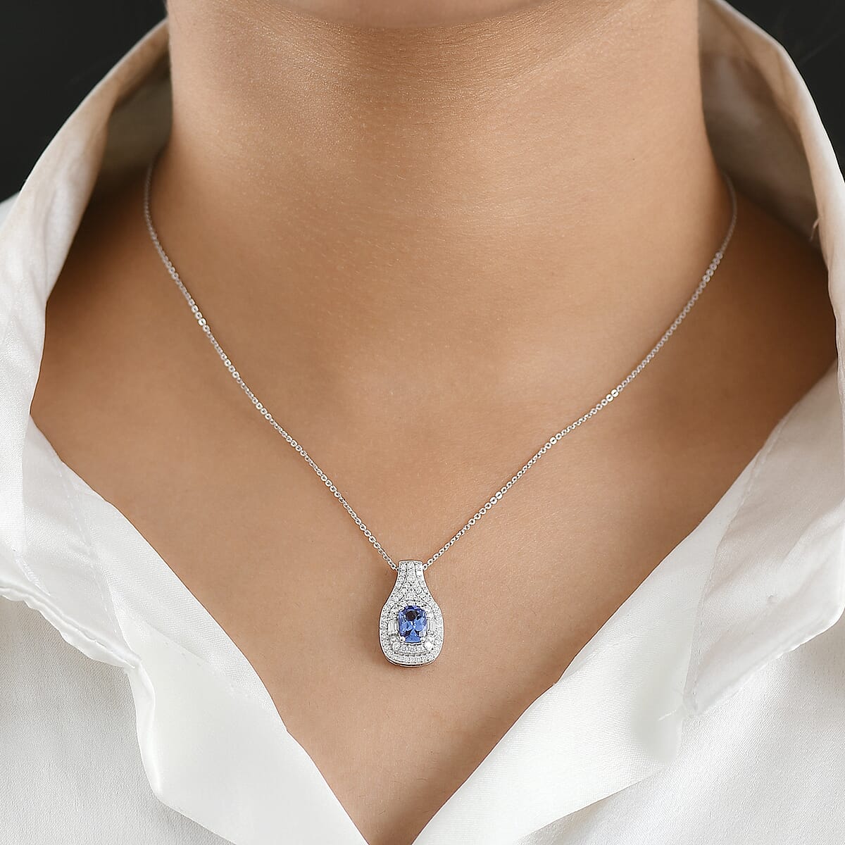 D'Joy Premium Tanzanite and Moissanite 1.35 ctw Royal Halo Cascade Pendant Necklace in Rhodium Over Sterling Silver 20 Inches  image number 2