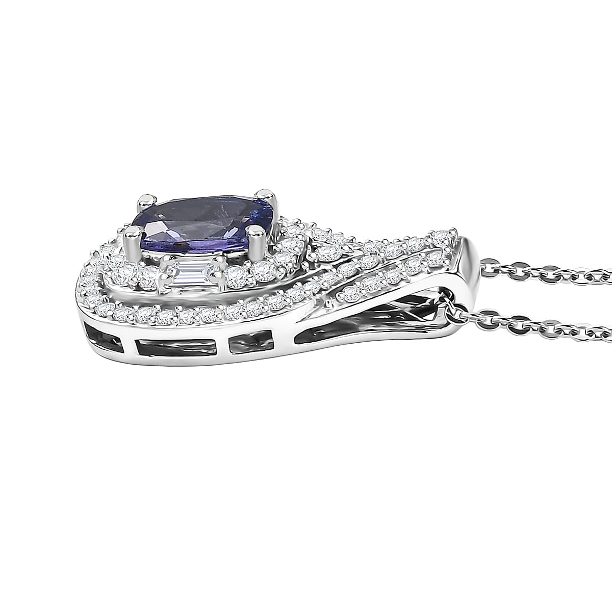 D'Joy Premium Tanzanite and Moissanite 1.35 ctw Royal Halo Cascade Pendant Necklace in Rhodium Over Sterling Silver 20 Inches  image number 3