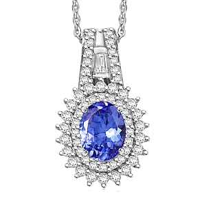 D'Joy Premium Tanzanite and Moissanite 1.50 ctw Pendant Necklace in Rhodium Over Sterling Silver 20 Inches 