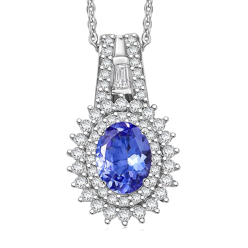 D'Joy Premium Tanzanite and Moissanite 1.50 ctw Starburst Sparkle Halo Pendant Necklace in Rhodium Over Sterling Silver 20 Inches