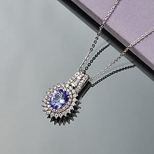 D'Joy Premium Tanzanite and Moissanite 1.50 ctw Pendant Necklace in Rhodium Over Sterling Silver 20 Inches 