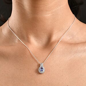 D'Joy Premium Tanzanite and Moissanite 1.50 ctw Pendant Necklace in Rhodium Over Sterling Silver 20 Inches 