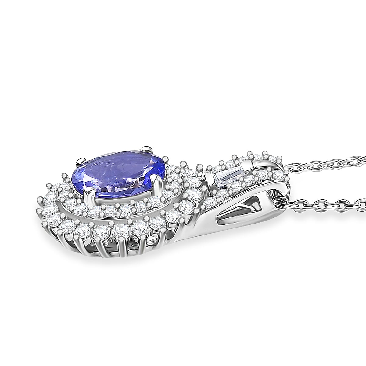 D'Joy Premium Tanzanite and Moissanite 1.50 ctw Starburst Sparkle Halo Pendant Necklace in Rhodium Over Sterling Silver 20 Inches