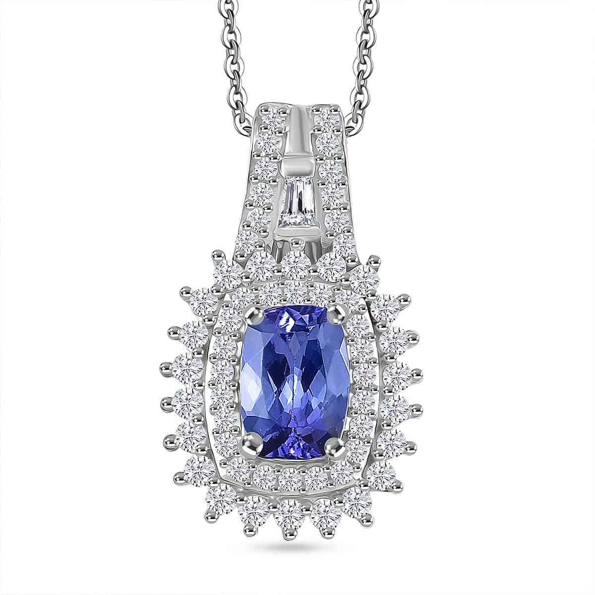 D'Joy Premium Tanzanite and Moissanite 1.50 ctw Pendant Necklace in Rhodium Over Sterling Silver 20 Inches