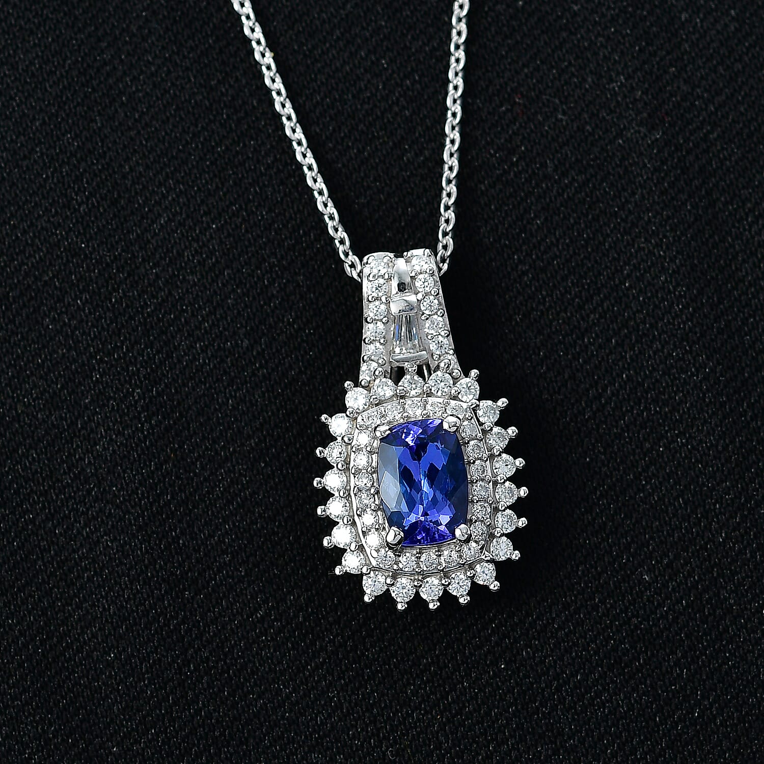 D'Joy Premium Tanzanite and Moissanite 1.40 ctw Starburst Sparkle Halo Pendant Necklace in Rhodium Over Sterling Silver 20 Inches