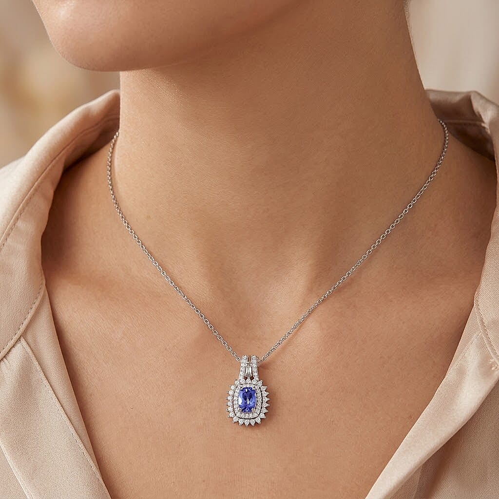 D'Joy Premium Tanzanite and Moissanite 1.40 ctw Starburst Sparkle Halo Pendant Necklace in Rhodium Over Sterling Silver 20 Inches