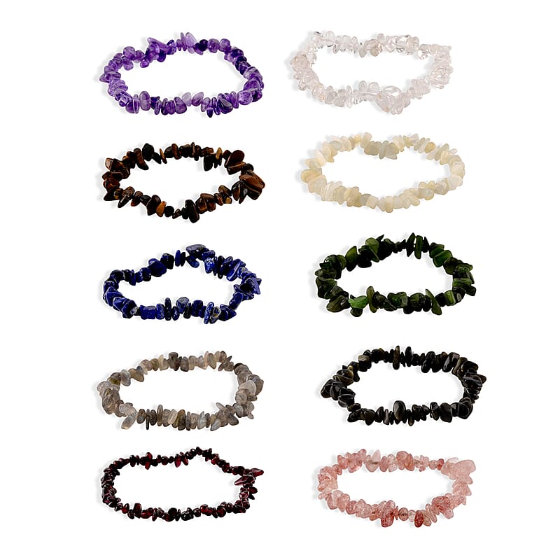 Set of 10 Multi Gemstone 500.00 ctw Chips Strach Bracelet (6.5-7In)