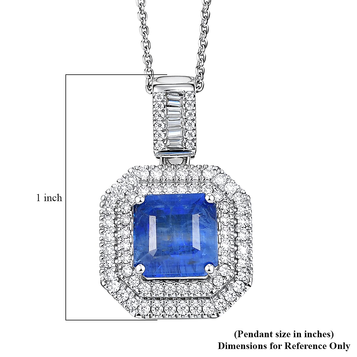 D'Joy Premium Kashmir Kyanite and Moissanite 3.90 ctw Double Halo Pendant Necklace in Rhodium Over Sterling Silver 20 Inches