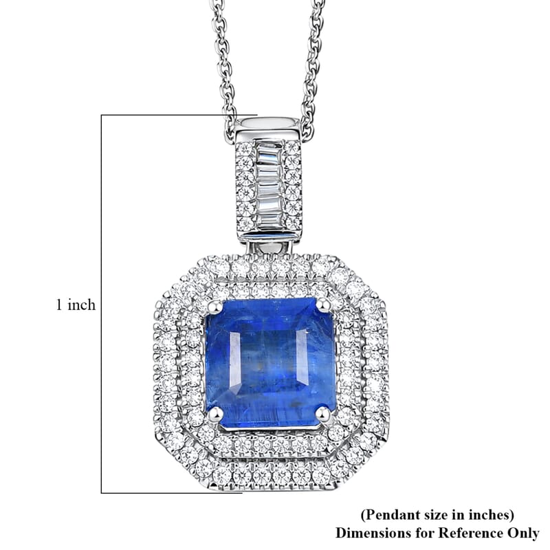 D'Joy Premium Kashmir Kyanite and Moissanite 3.90 ctw Double Halo Pendant Necklace in Rhodium Over Sterling Silver 20 Inches