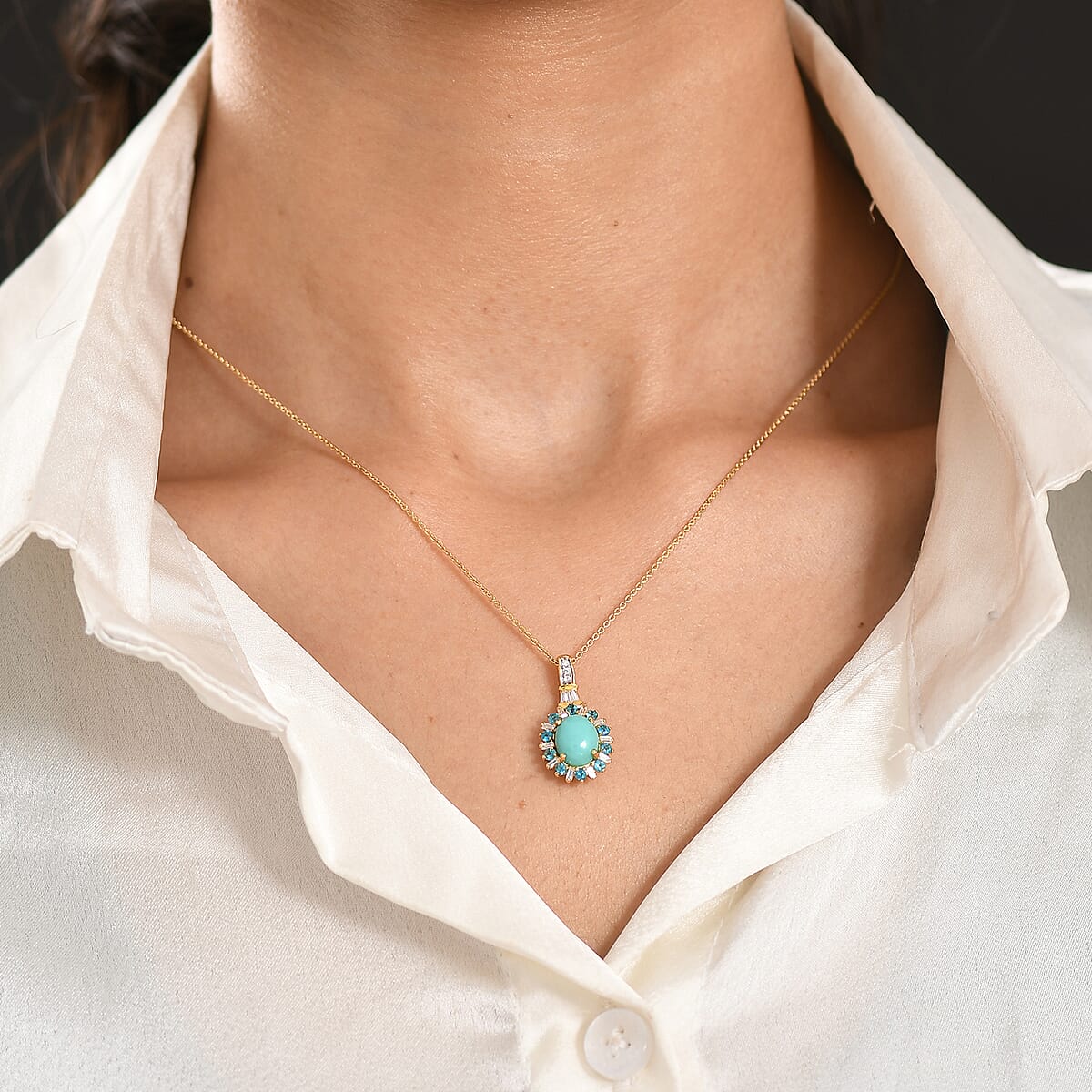 D'Joy Sleeping Beauty Turquoise and Multi Gemstone 2.50 ctw Golden Sky Blossom Pendant Necklace in 18K Vermeil Yellow Gold Over Sterling Silver 20 Inches (Del. in 8-10 Days) image number 2