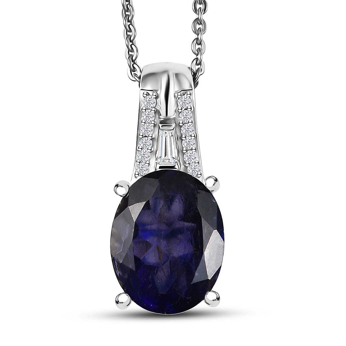 D'Joy Premium Catalina Iolite and Moissanite 2.15 ctw Classic Oval Pendant Necklace in Rhodium Over Sterling Silver 20 Inches