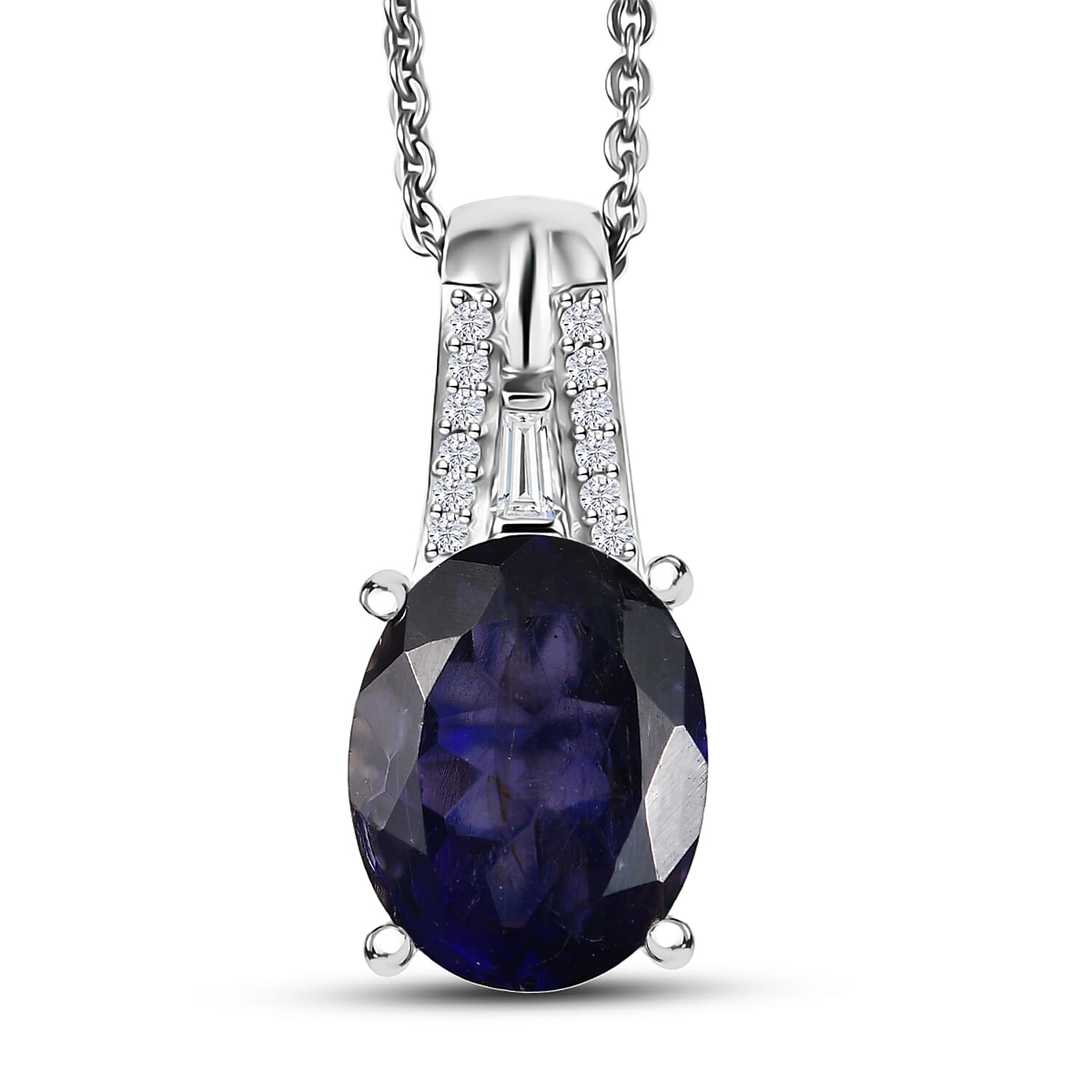 D'Joy Premium Catalina Iolite and Moissanite 2.15 ctw Classic Oval Pendant Necklace in Rhodium Over Sterling Silver 20 Inches
