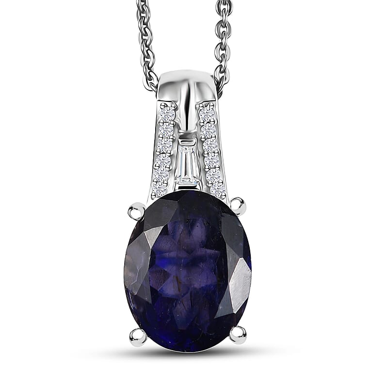 D'Joy Premium Catalina Iolite and Moissanite 2.15 ctw Classic Oval Pendant Necklace in Rhodium Over Sterling Silver 20 Inches