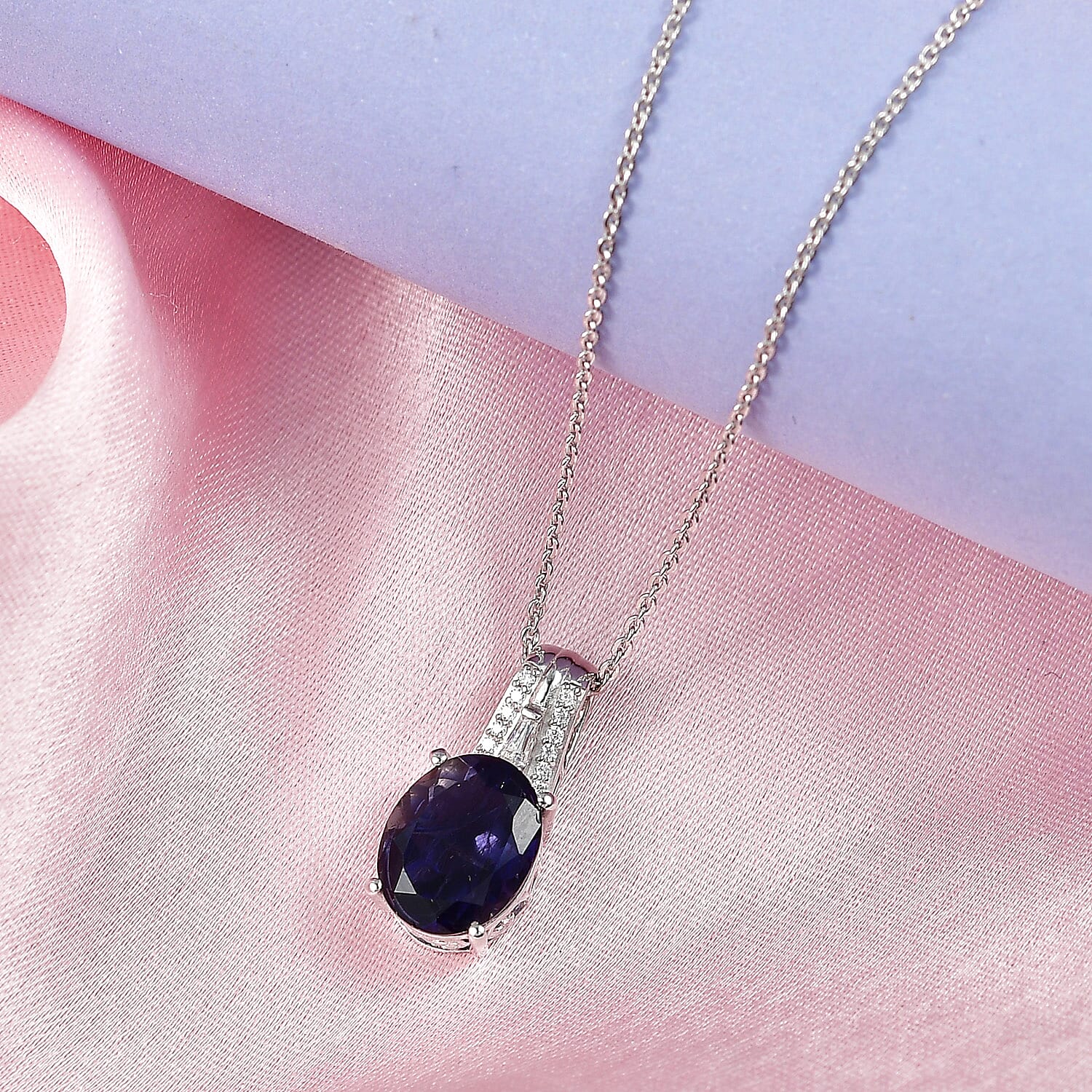 D'Joy Premium Catalina Iolite and Moissanite 2.15 ctw Classic Oval Pendant Necklace in Rhodium Over Sterling Silver 20 Inches