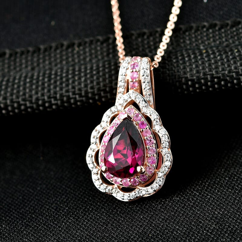 D'Joy Premium Orissa Rhodolite Garnet and Multi Gemstone 2.00 ctw Wine & Blush Radiance Pendant Necklace in 18K Vermeil Rose Gold Over Sterling Silver 20 Inches