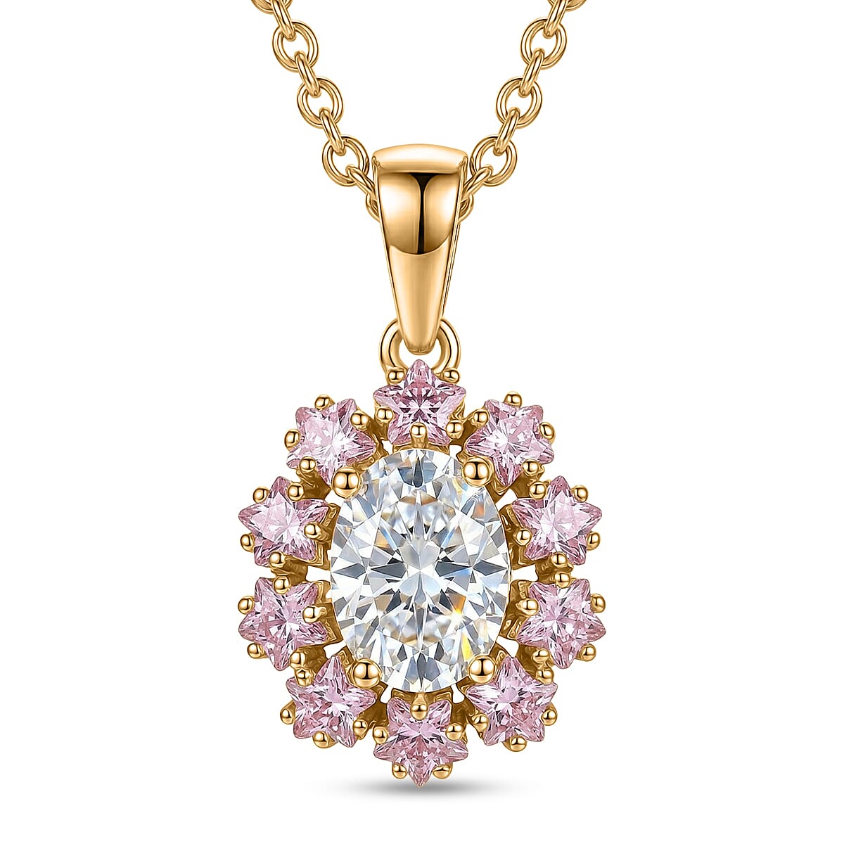 EverTrue Simulated White and Pink Diamond 3.90 ctw Pendant in Goldtone with ION Plated YG Stainless Steel Necklace 20 Inches