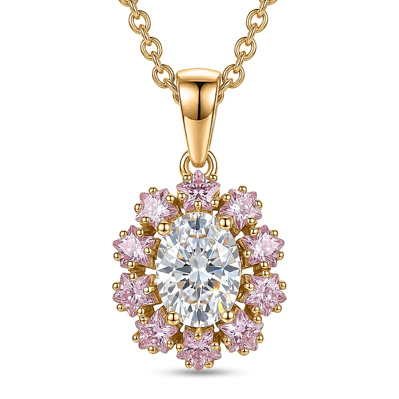 EverTrue Simulated White and Pink Diamond 3.90 ctw Pendant in Goldtone with ION Plated YG Stainless Steel Necklace 20 Inches