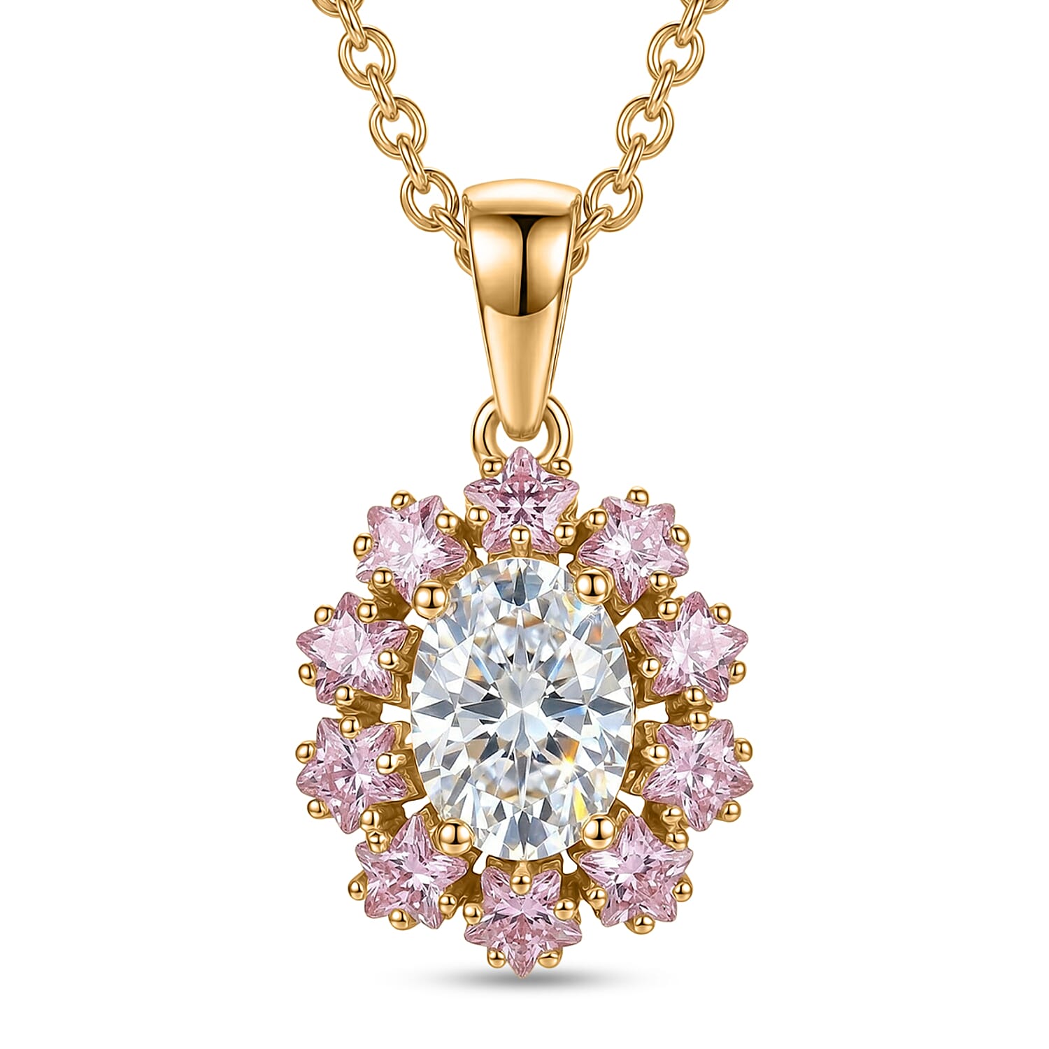EverTrue Simulated White and Pink Diamond 3.90 ctw Pendant in Goldtone with ION Plated YG Stainless Steel Necklace 20 Inches