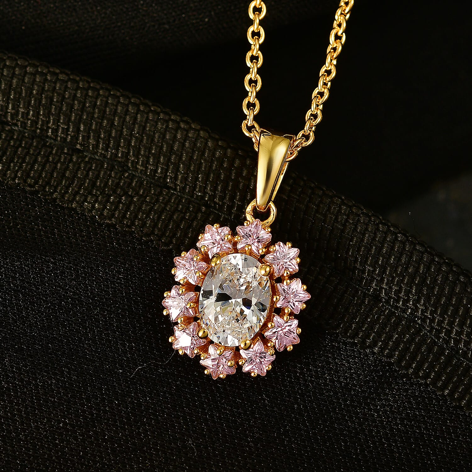 EverTrue Simulated White and Pink Diamond 3.90 ctw Pendant in Goldtone with ION Plated YG Stainless Steel Necklace 20 Inches