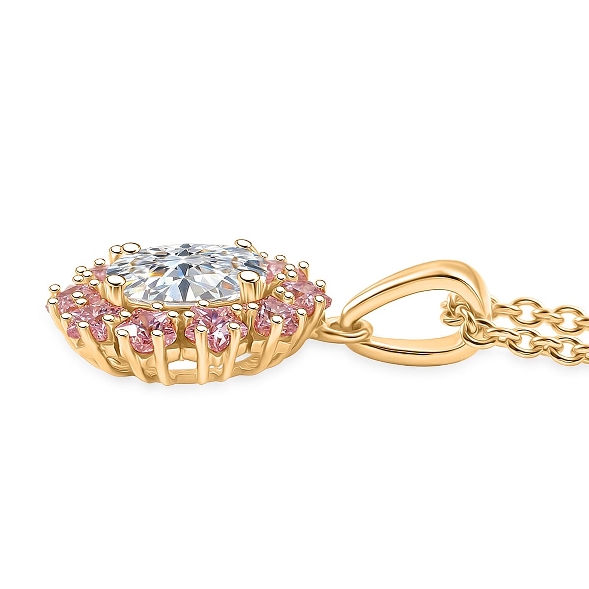 EverTrue Simulated White and Pink Diamond 3.90 ctw Pendant in Goldtone with ION Plated YG Stainless Steel Necklace 20 Inches