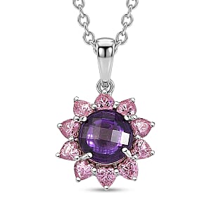 EverTrue Simulated Amethyst Color and Pink Diamond Twilight Blossom Pendant in Platinum Bond with Stainless Steel Necklace 20 Inches