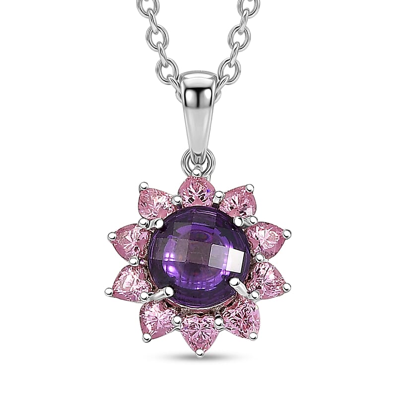 EverTrue Simulated Amethyst Color and Pink Diamond Twilight Blossom Pendant in Platinum Bond with Stainless Steel Necklace 20 Inches