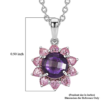 EverTrue Simulated Amethyst Color and Pink Diamond Twilight Blossom Pendant in Platinum Bond with Stainless Steel Necklace 20 Inches
