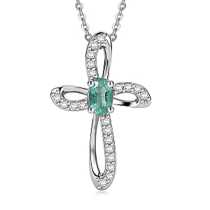 D'Joy Premium Kagem Zambian Emerald and Moissanite 0.35 ctw Cross Pendant Necklace in Rhodium Over Sterling Silver (20 Inches)