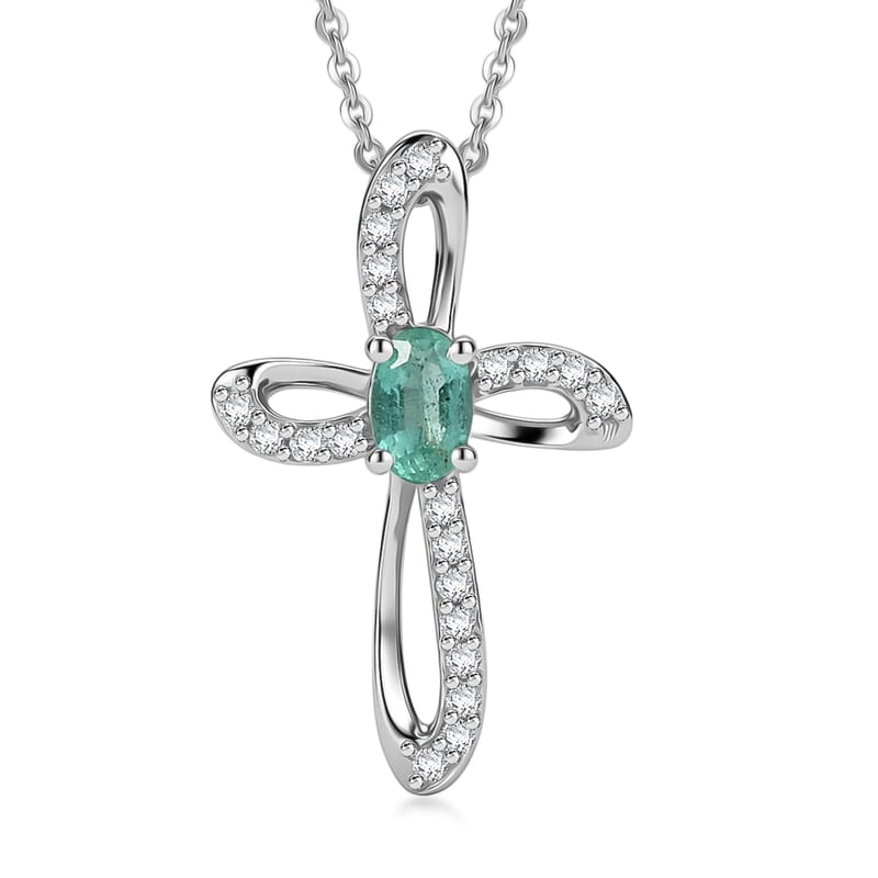 Doorbuster D'Joy Premium Kagem Zambian Emerald and Moissanite 0.35 ctw Cross Pendant Necklace in Rhodium Over Sterling Silver (20 Inches)