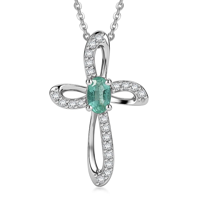 D'Joy Premium Kagem Zambian Emerald and Moissanite 0.35 ctw Cross Pendant Necklace in Rhodium Over Sterling Silver (20 Inches)